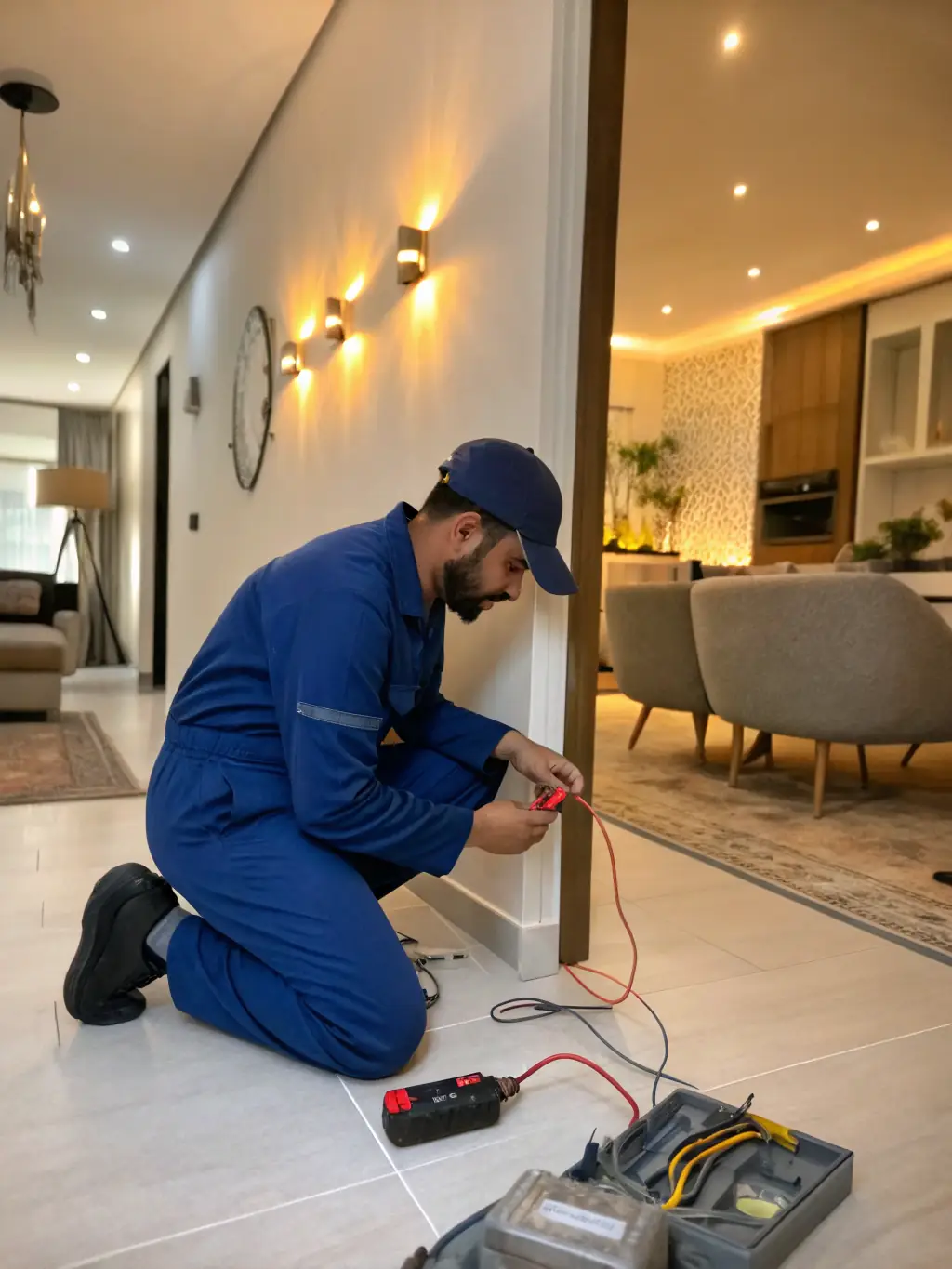 An electrician installing new wiring in a residential home, focusing on safety and efficiency.