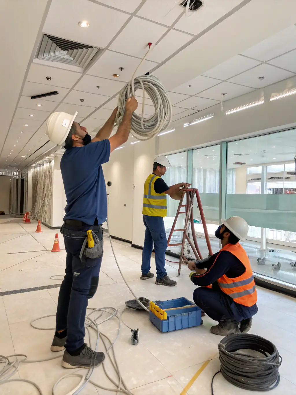 A team of electricians working on the electrical panel of a commercial building, ensuring compliance with safety standards.