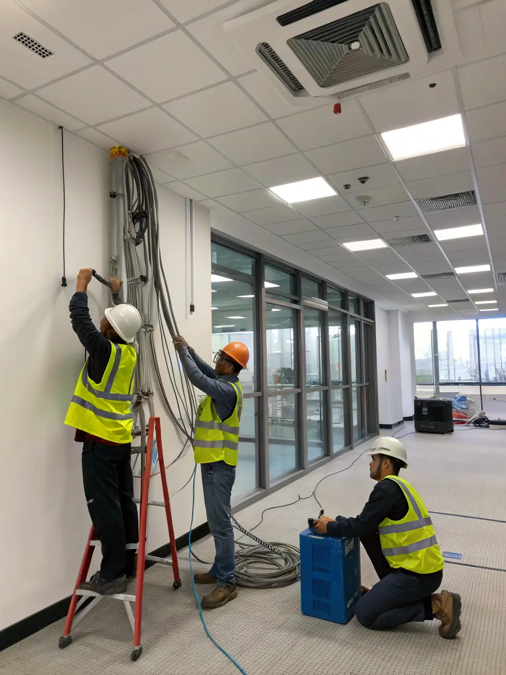 An electrician performing an electrical inspection in a modern office building, ensuring safety and compliance.