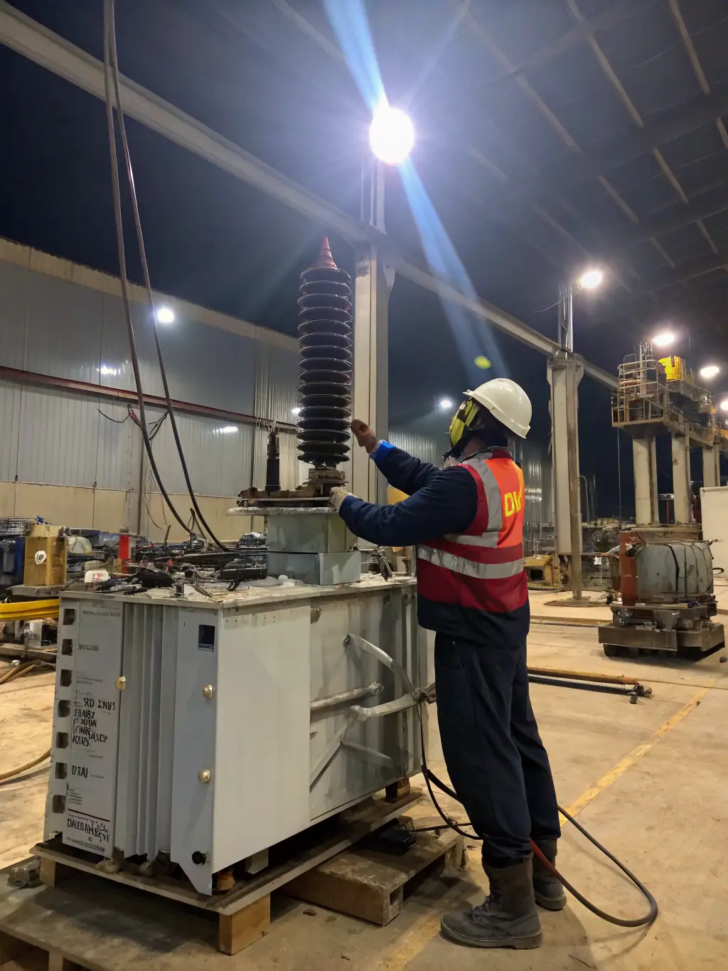 An industrial electrician inspecting the wiring of heavy machinery in a manufacturing plant, emphasizing safety and reliability.